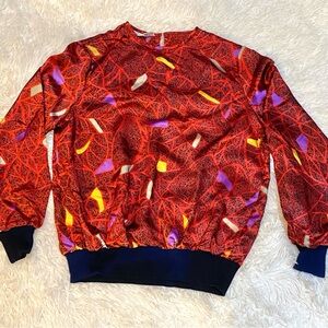 Oscar de la Renta Red and Purple Patterned Crewneck Blouse. Missing one shoulder
